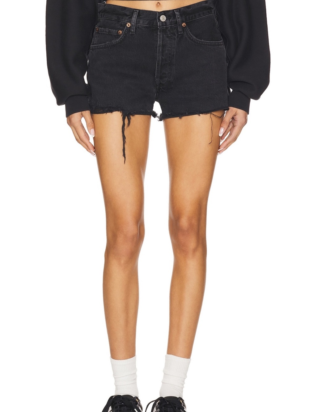 Agolde Black High-Rise Raw Hem Denim Shorts